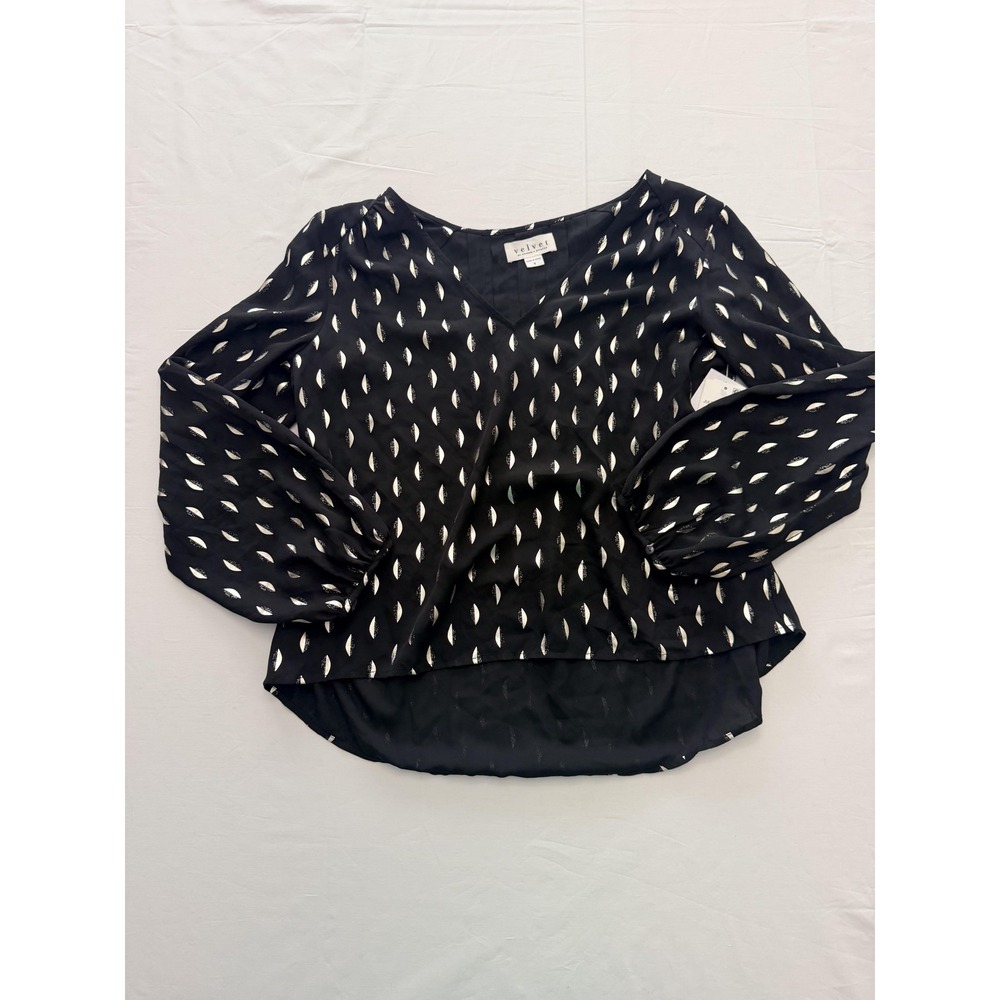 Velvet By Graham & Spencer Blouse Womens Small‎ Black V Neck Balloon Sleeve